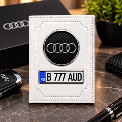 Portofel pentru acte auto Audi, cu emblemă și număr de înmatriculare personalizabil
