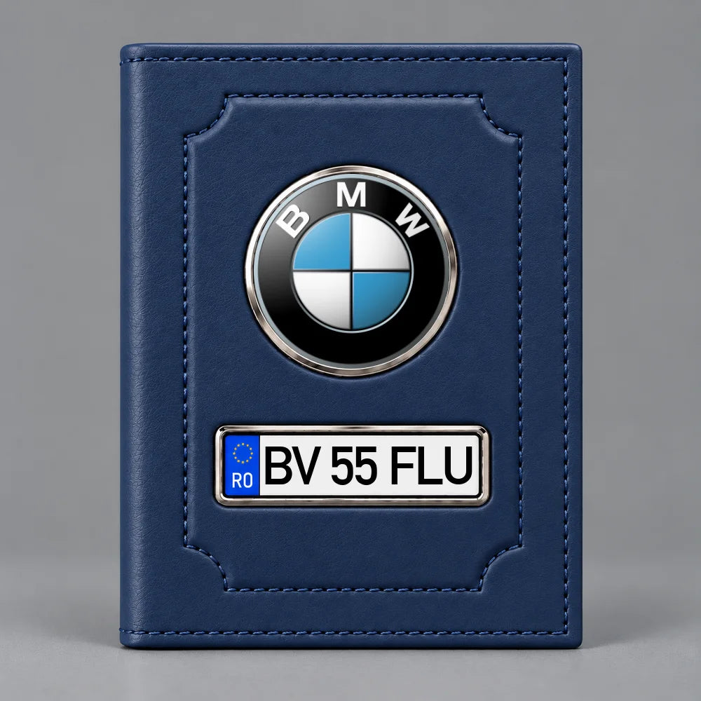 Portofel pentru documente auto BMW albastru, cu siglă și plăcuță decorativă pentru numărul mașinii