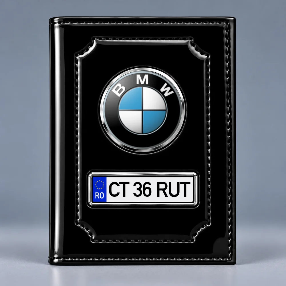 Portofel de acte auto BMW negru lucios, cu siglă și plăcuță cu numărul de înmatriculare personalizabil