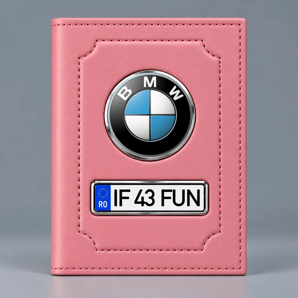 Portofel roz pentru acte auto BMW, cu emblemă și număr de înmatriculare personalizabil