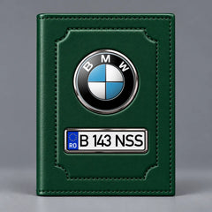 Portofel verde pentru documente auto BMW, cu emblemă și număr de înmatriculare personalizabil