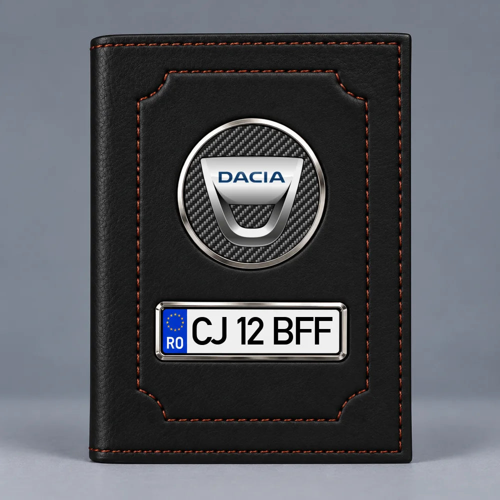 Portofel acte auto Dacia negru mat, cu emblemă și număr de înmatriculare personalizabil