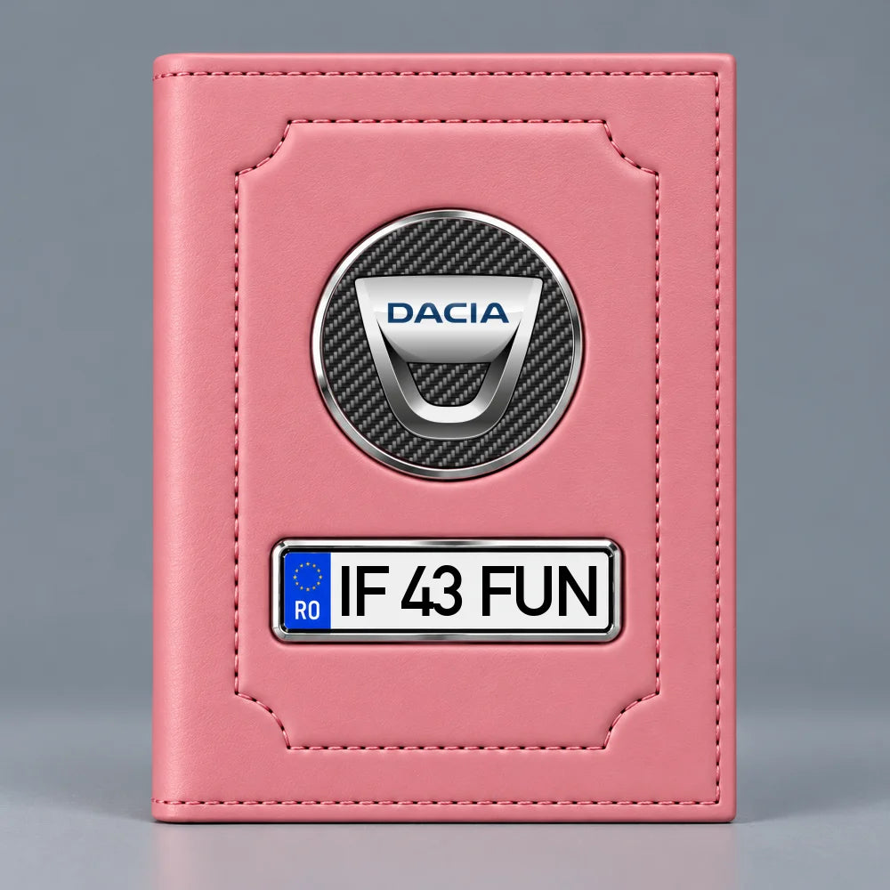 Portofel roz pentru acte auto Dacia, cu emblemă și număr de înmatriculare personalizabil