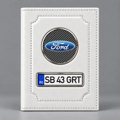 Portofel alb pentru documente auto Ford, cu emblemă Ford și număr de înmatriculare personalizabil