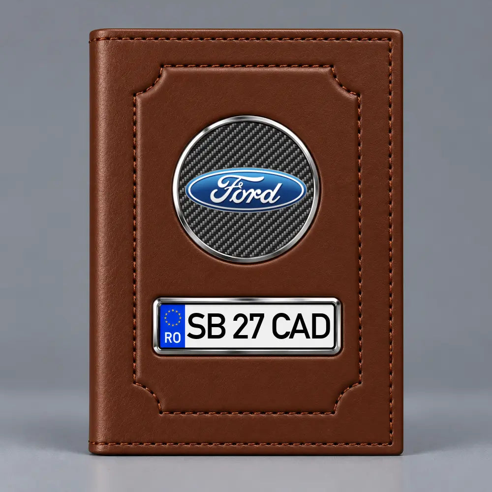 Portofel maro pentru acte auto Ford, cu emblemă și număr de înmatriculare personalizabil
