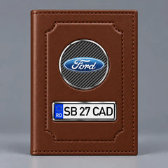 Portofel maro pentru acte auto Ford, cu emblemă și număr de înmatriculare personalizabil