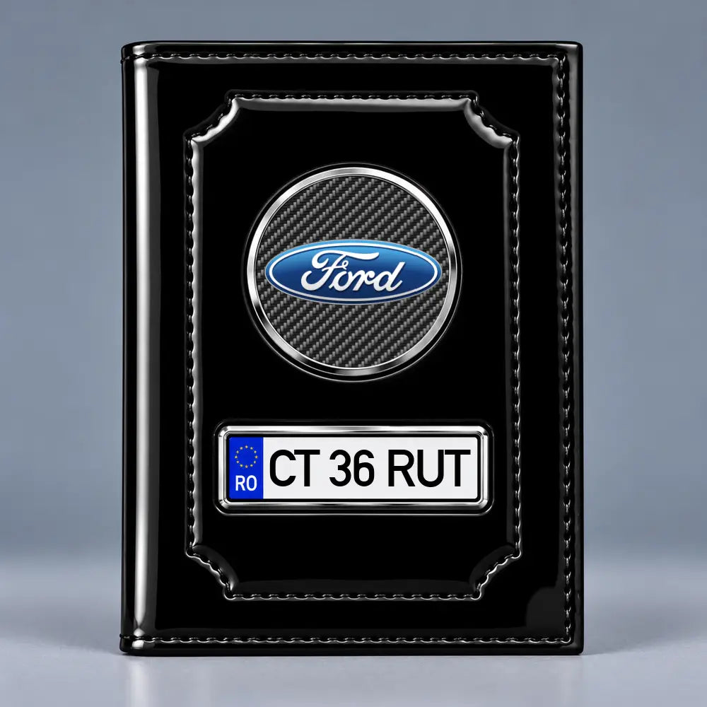 Portofel pentru acte auto Ford negru lucios, cu siglă și plăcuță personalizată cu numărul de înmatriculare
