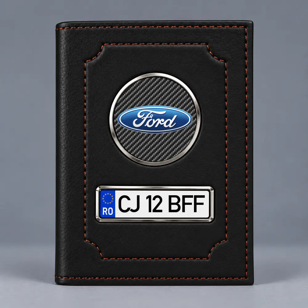 Portofel pentru acte auto Ford negru mat, cu siglă și plăcuță pentru numărul mașinii