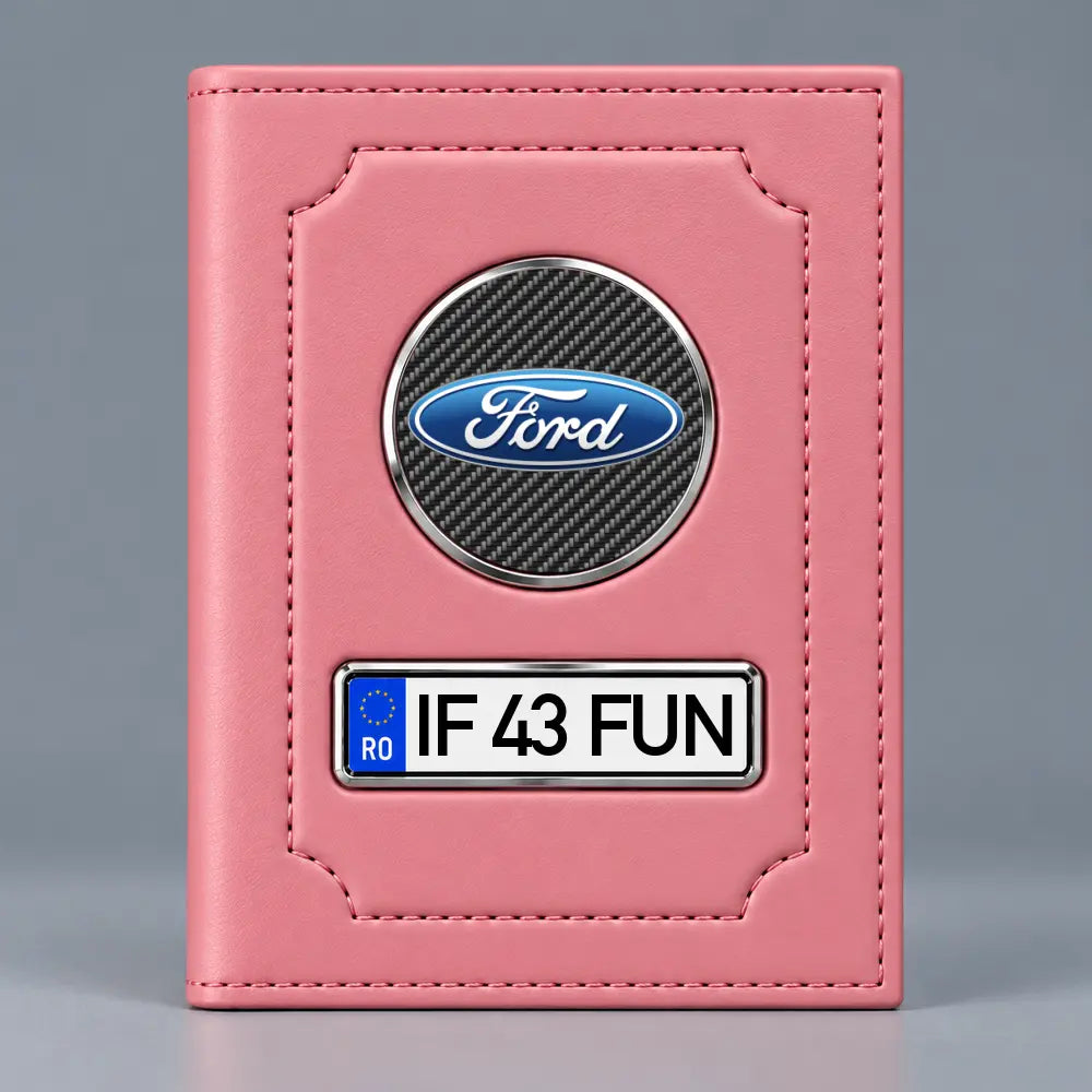Portofel roz pentru documente auto Ford, cu siglă Ford și plăcuță cu numărul mașinii