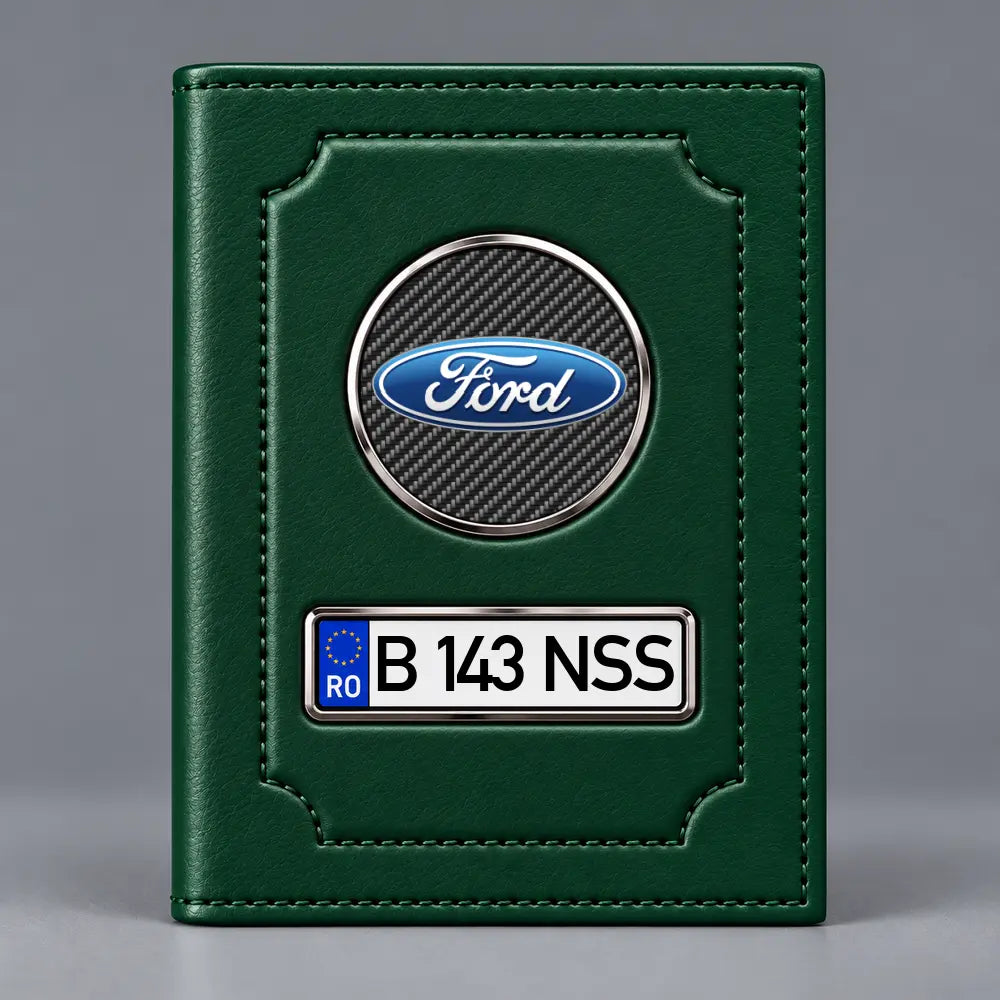 Portofel verde pentru acte auto Ford, cu sigla mărcii și plăcuță personalizabilă