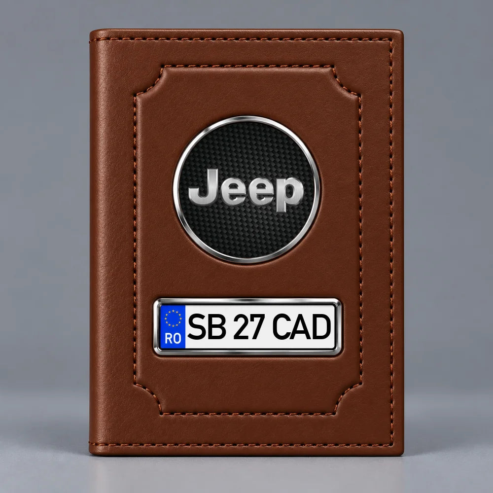 Portofel maro pentru documente auto Jeep, cu emblemă și număr de înmatriculare personalizabil