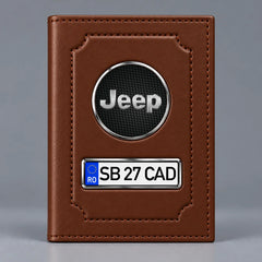 Portofel maro pentru documente auto Jeep, cu emblemă și număr de înmatriculare personalizabil