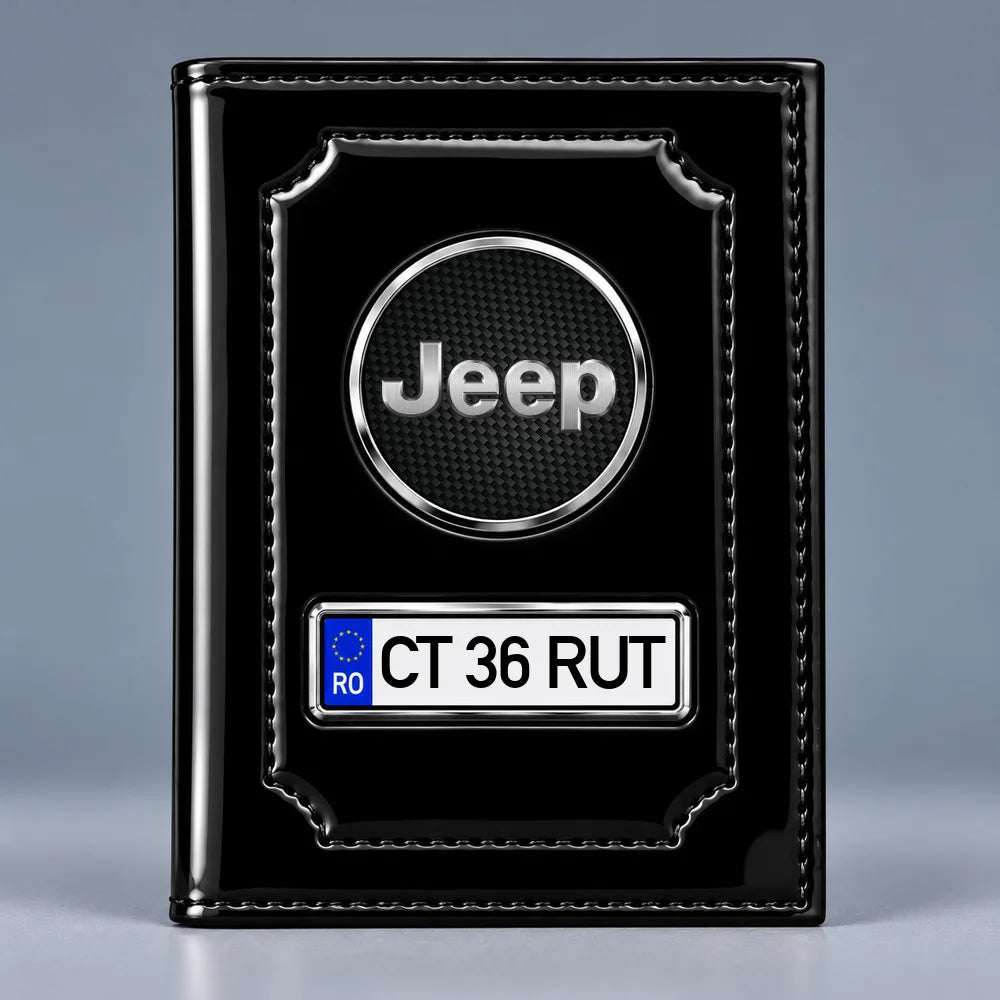 Portofel acte auto Jeep negru lucios, cu siglă și plăcuță personalizată cu numărul mașinii