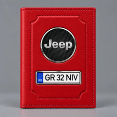 Portofel roșu pentru acte auto Jeep, cu sigla mărcii și plăcuță cu numărul mașinii