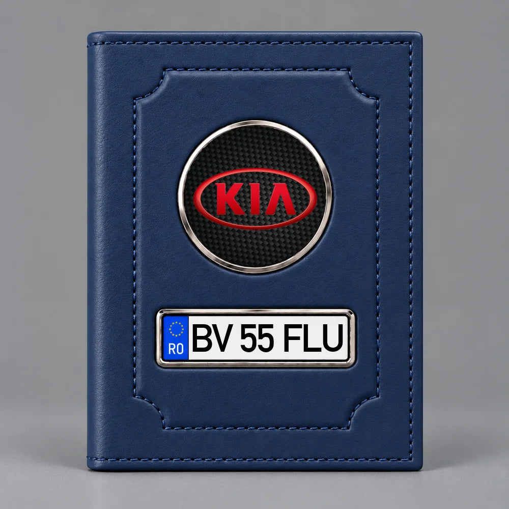 Portofel albastru pentru acte auto Kia, cu siglă Kia și plăcuță personalizabilă cu numărul de înmatriculare