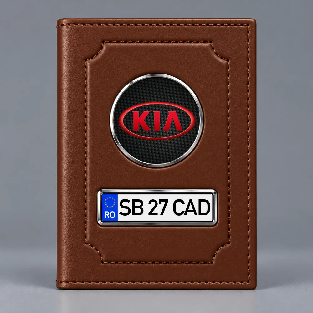 Portofel maro pentru documente auto Kia, cu emblemă și număr de înmatriculare personalizabil