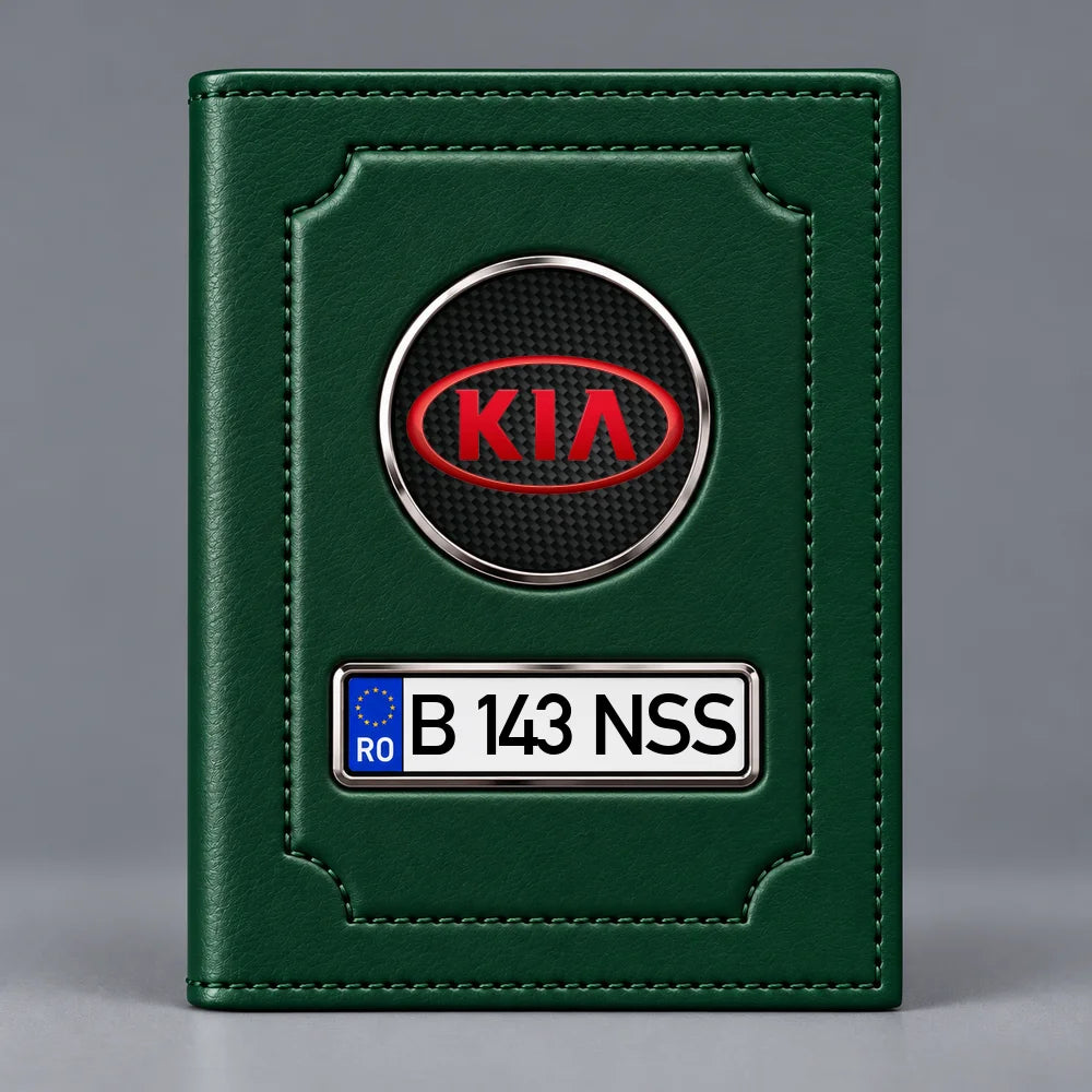 Portofel verde pentru documente auto Kia, cu emblemă Kia și număr de înmatriculare personalizabil