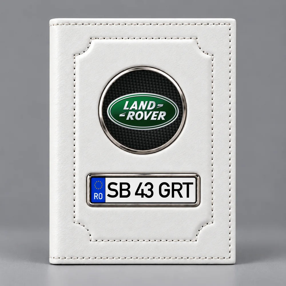Portofel alb pentru documente auto Land Rover, cu emblemă Land Rover și număr de înmatriculare personalizabil