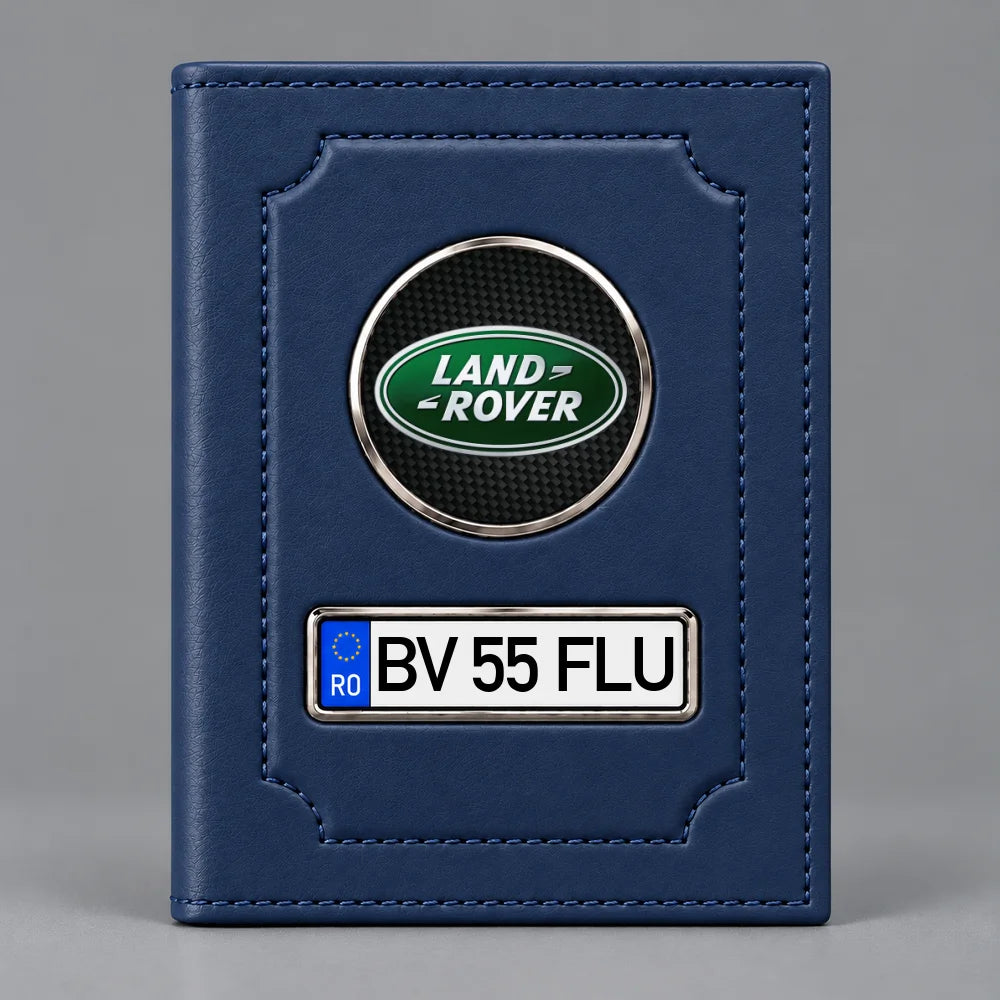 Portofel albastru pentru acte auto Land Rover, cu siglă Land Rover și plăcuță personalizabilă cu numărul de înmatriculare