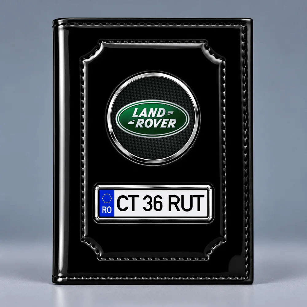 Portofel acte auto Land Rover negru lucios, cu siglă și plăcuță personalizată cu numărul mașinii