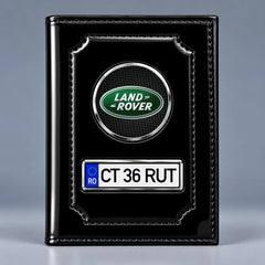Portofel acte auto Land Rover negru lucios, cu siglă și plăcuță personalizată cu numărul mașinii