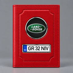 Portofel roșu pentru acte auto Land Rover, cu sigla mărcii și plăcuță cu numărul mașinii