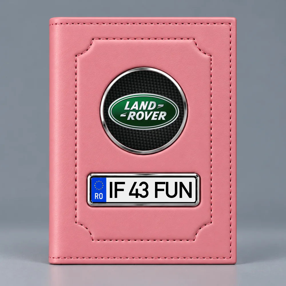 Portofel roz pentru documente auto Land Rover, cu emblemă și număr de înmatriculare personalizabil