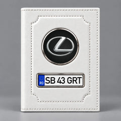 Portofel alb pentru documente auto Lexus, cu emblemă și număr de înmatriculare personalizabil