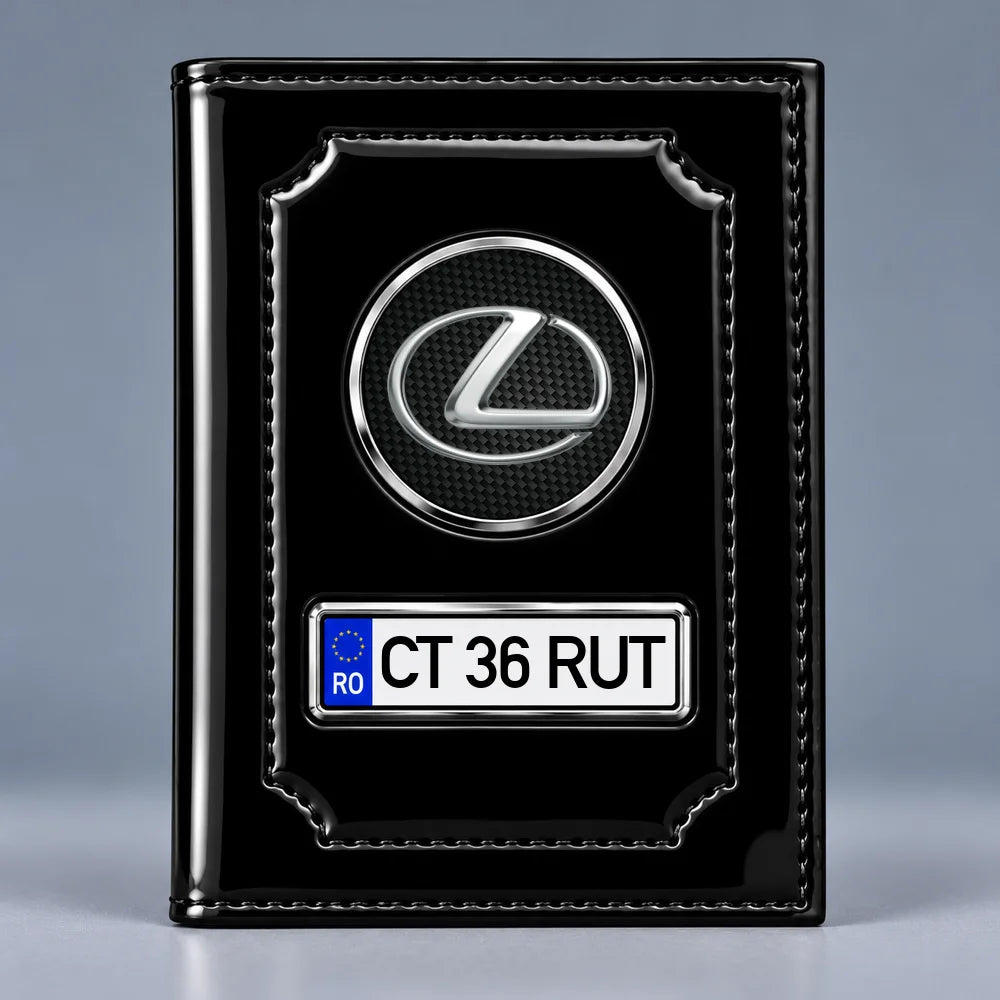 Portofel acte auto Lexus negru lucios, cu siglă și plăcuță personalizată cu numărul mașinii