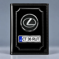 Portofel acte auto Lexus negru lucios, cu siglă și plăcuță personalizată cu numărul mașinii