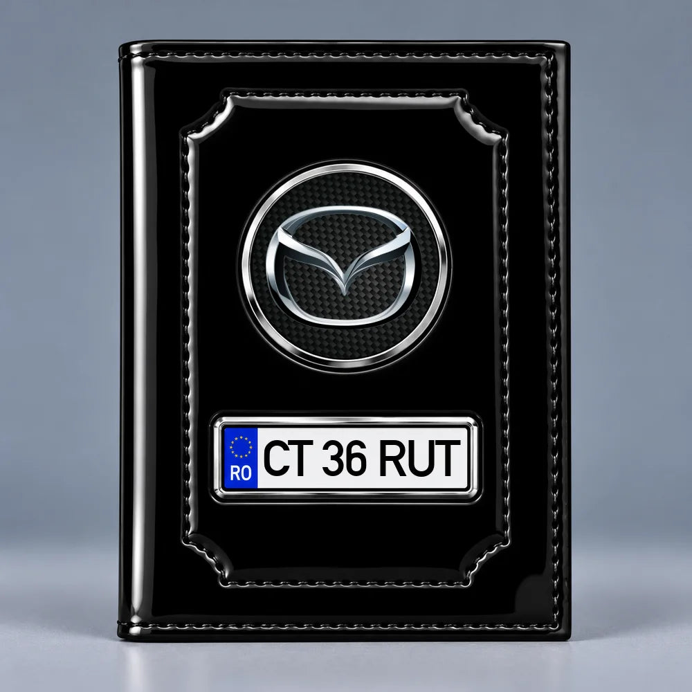 Portofel maro pentru documente auto Mazda, cu emblemă și număr de înmatriculare personalizabil