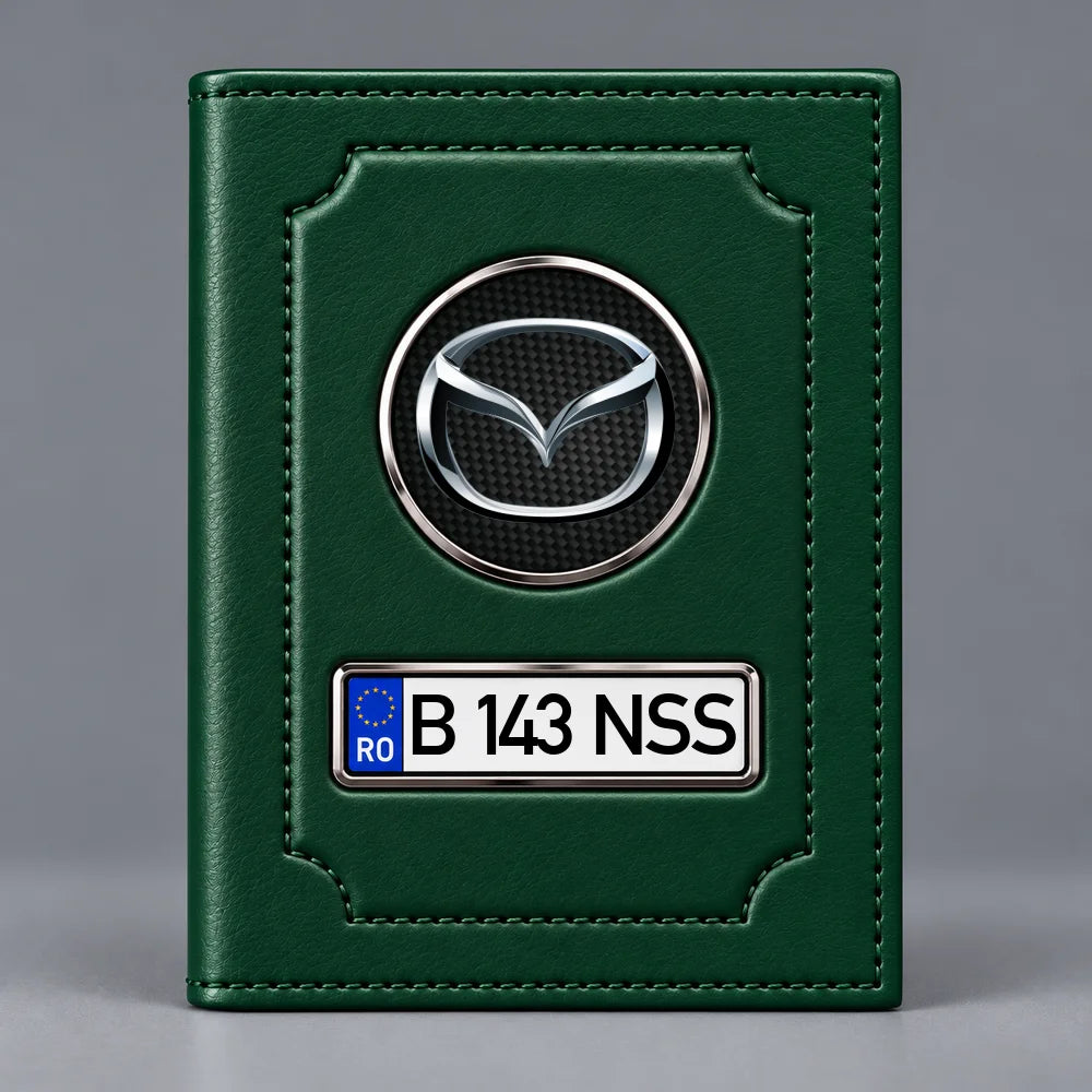 Portofel verde pentru documente auto Mazda, cu emblemă Mazda și număr de înmatriculare personalizabil