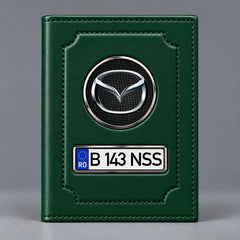 Portofel verde pentru documente auto Mazda, cu emblemă Mazda și număr de înmatriculare personalizabil