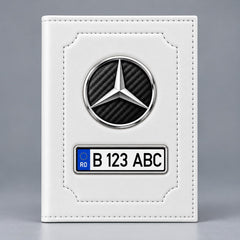 Portofel acte auto personalizat Mercedes, alb, cu emblemă și număr de înmatriculare