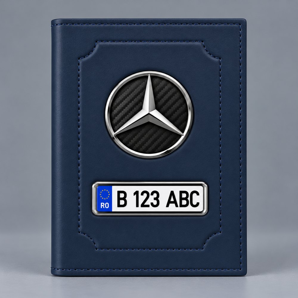 Portofel pentru documente auto Mercedes albastru, cu emblemă și număr personalizabil