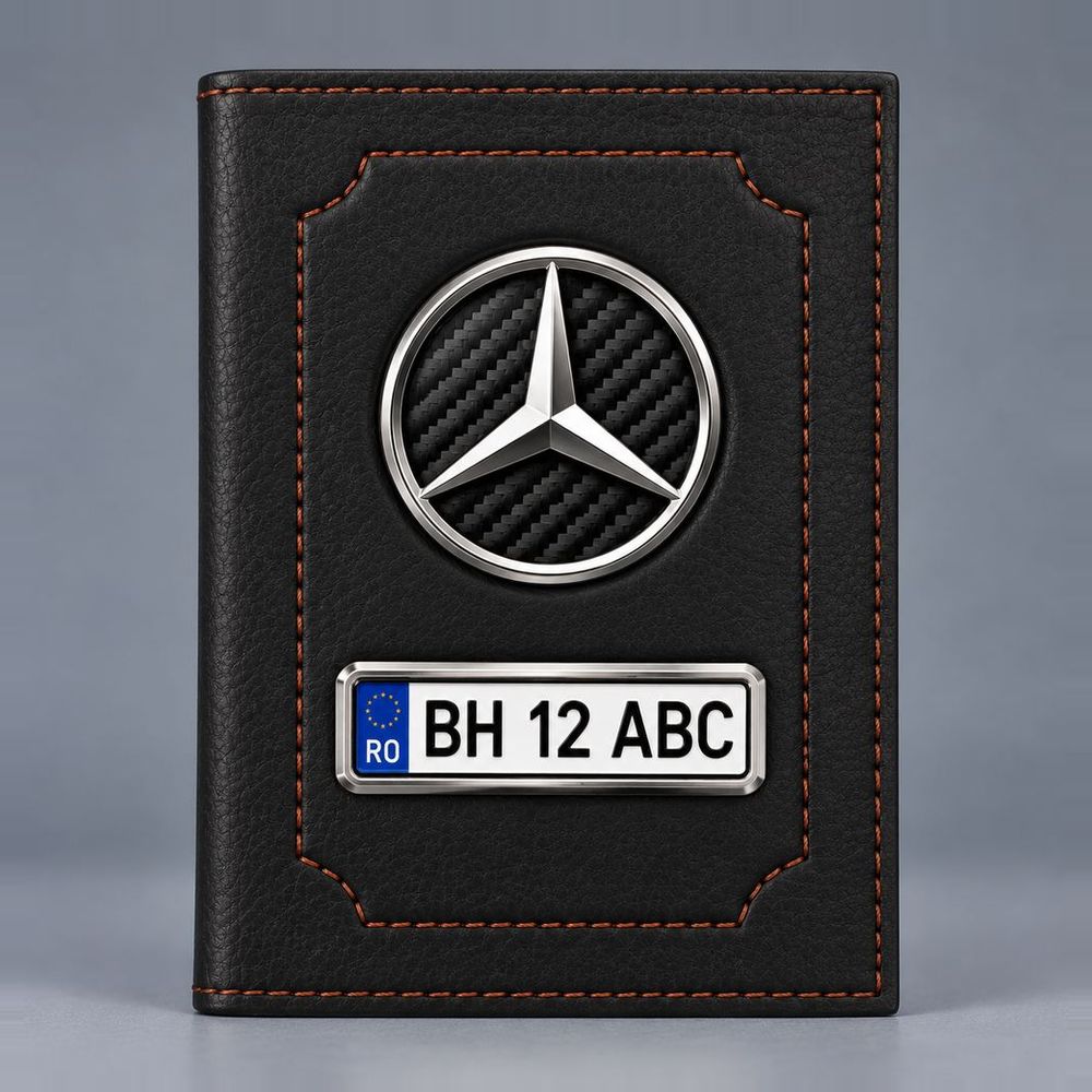 Portofel pentru acte auto Mercedes negru mat, cu emblemă și plăcuță personalizabilă