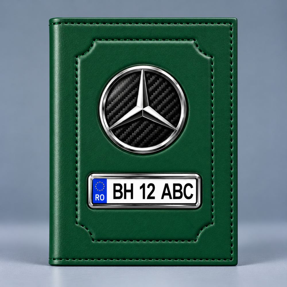 Portofel verde pentru documente auto Mercedes, cu siglă și număr de înmatriculare personalizat