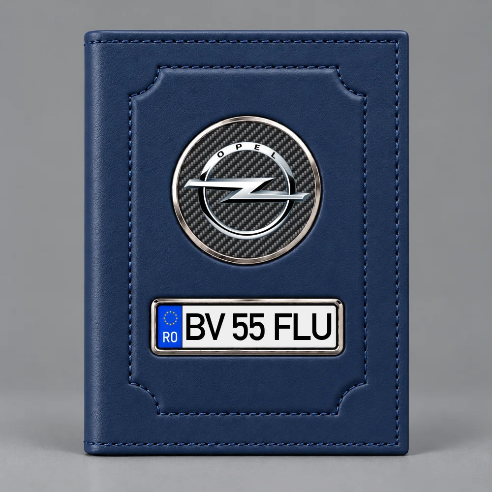 Portofel albastru pentru acte auto Opel, cu siglă Opel și plăcuță personalizabilă cu numărul mașinii