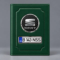 Portofel verde pentru documente auto Seat, cu emblemă Seat și număr de înmatriculare personalizabil