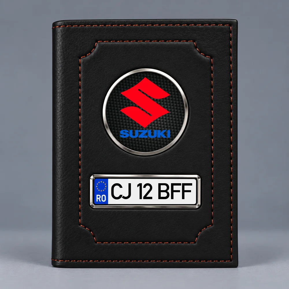 Portofel pentru acte auto Suzuki negru mat, cu siglă și plăcuță pentru numărul de înmatriculare