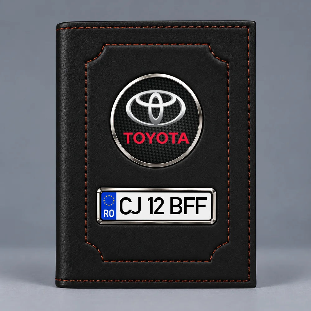 Portofel pentru acte auto Toyota negru mat, cu siglă și plăcuță pentru numărul de înmatriculare