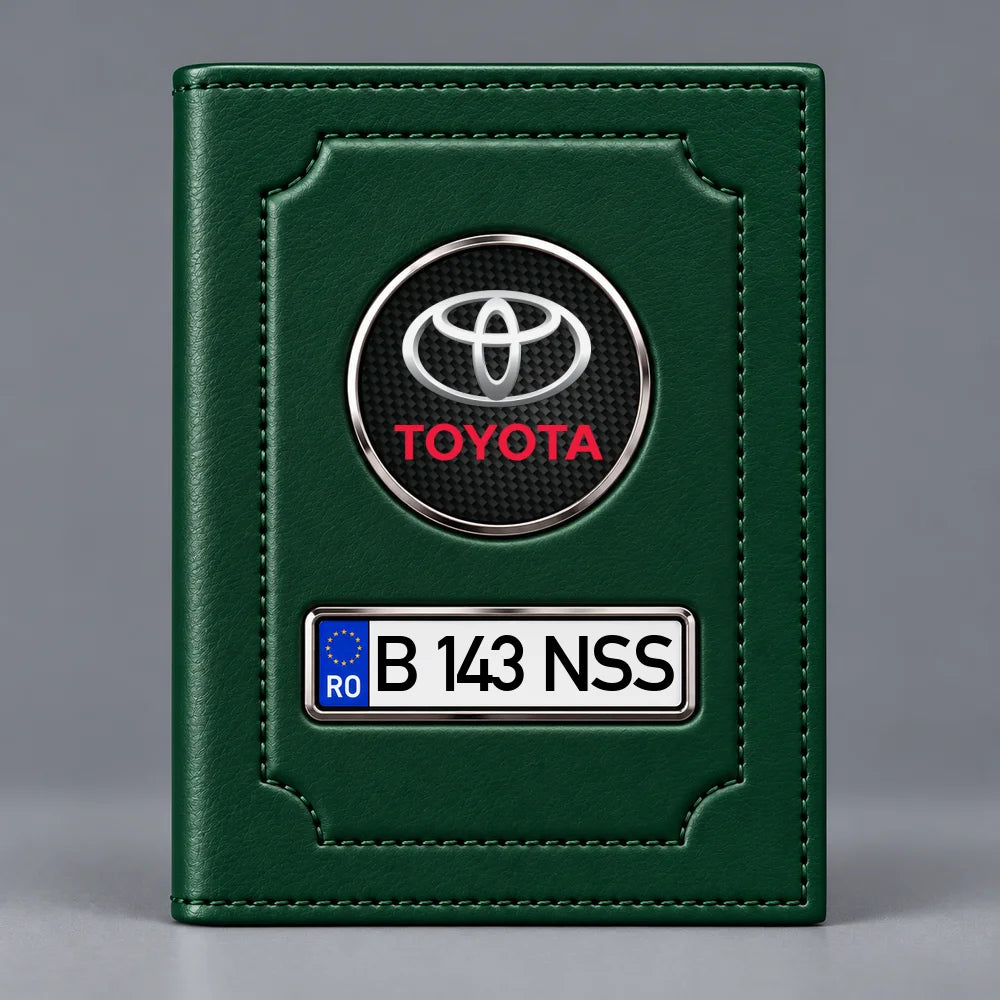 Portofel verde pentru documente auto Toyota, cu emblemă Toyota și număr de înmatriculare personalizabil