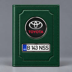 Portofel verde pentru documente auto Toyota, cu emblemă Toyota și număr de înmatriculare personalizabil