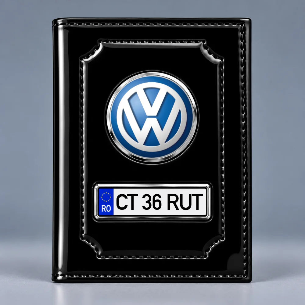 Portofel acte auto Volkswagen negru lucios, siglă VW și plăcuță personalizată