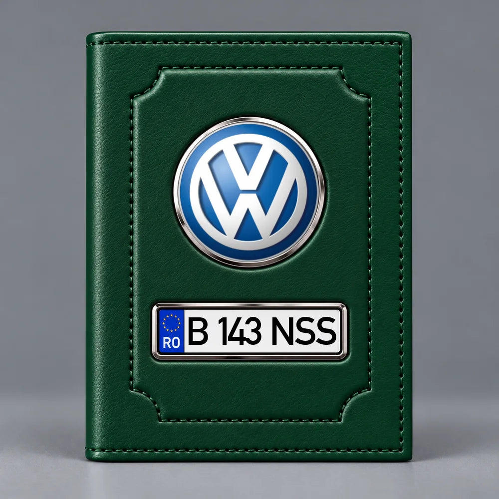 Portofel pentru acte auto Volkswagen verde închis, cu siglă VW și număr de înmatriculare personalizabil
