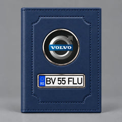 Portofel albastru pentru acte auto Volvo, cu siglă Volvo și plăcuță personalizabilă cu numărul de înmatriculare