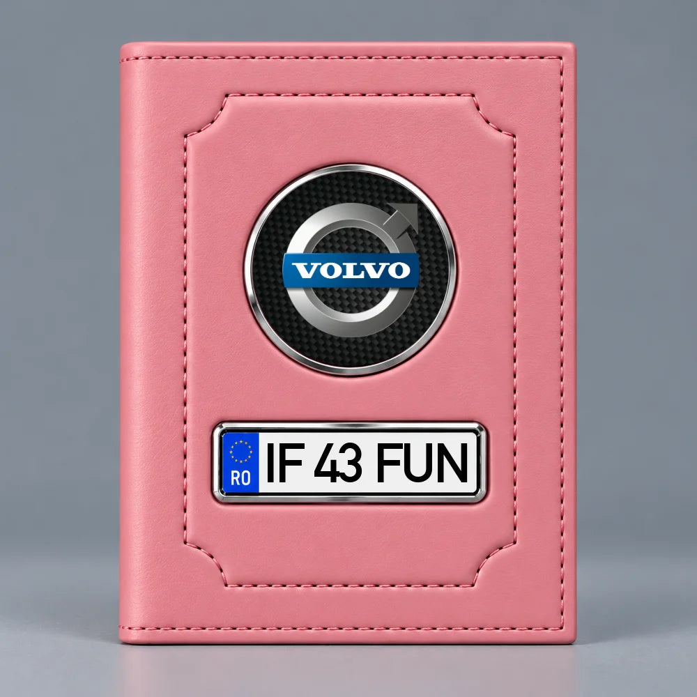 Portofel roz pentru documente auto Volvo, cu emblemă și număr de înmatriculare personalizabil