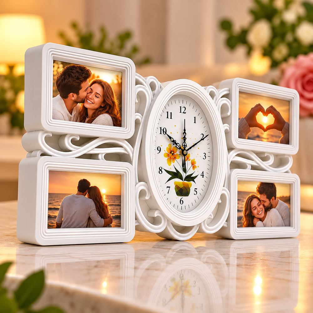 Ramă foto personalizată cu ceas și patru spații pentru fotografii de 10 × 15 cm