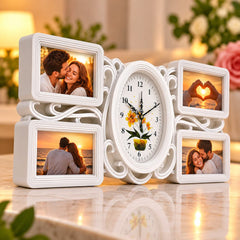 Ramă foto personalizată cu ceas și patru spații pentru fotografii de 10 × 15 cm