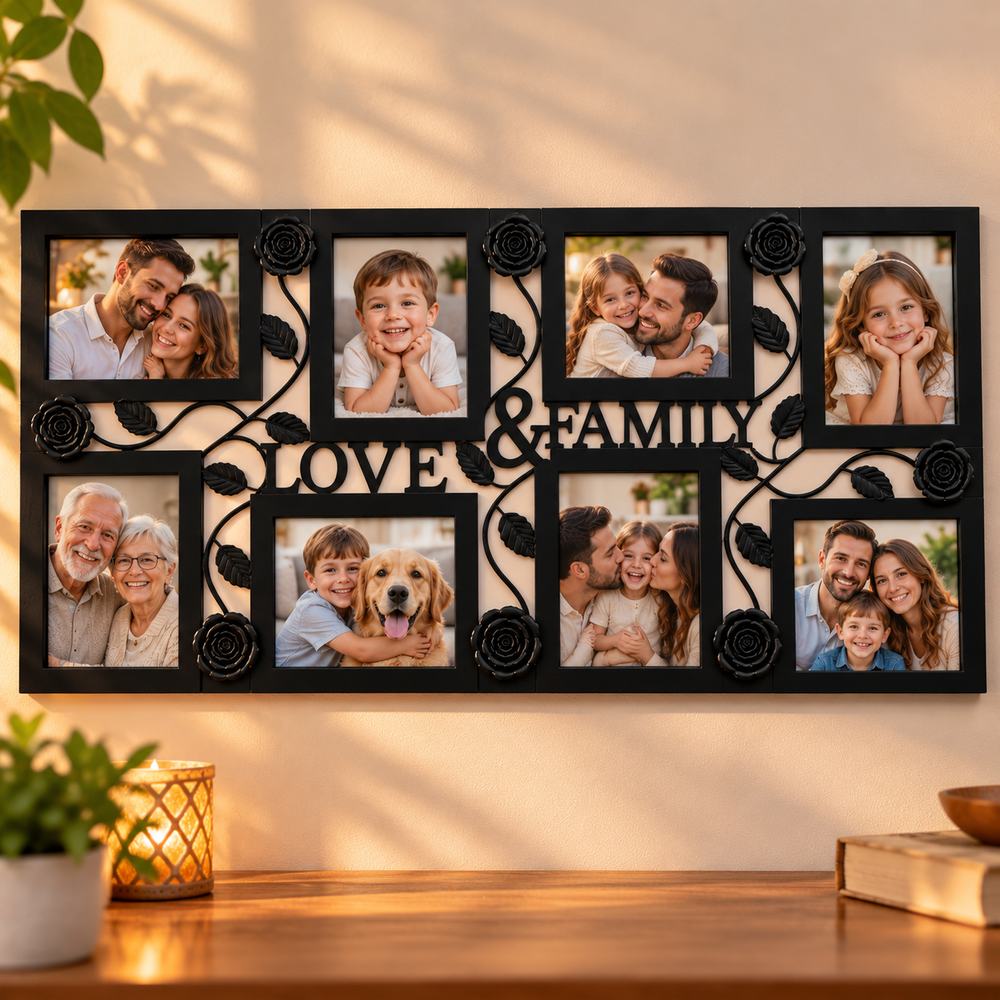 Ramă foto personalizată cu 8 poze de familie, neagră